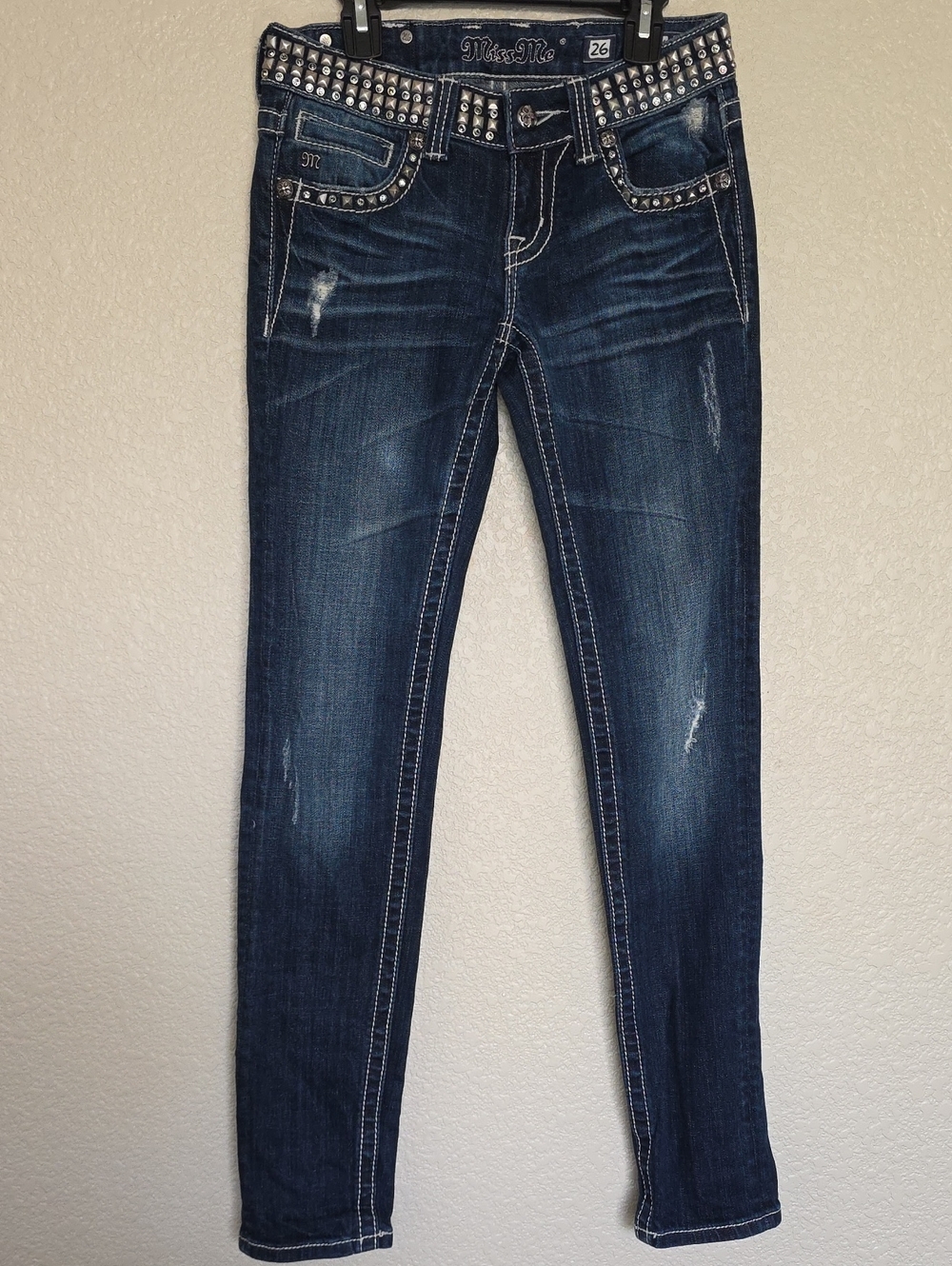 Miss Me Dark Wash Skinny Jeans W/ Studded Waistband